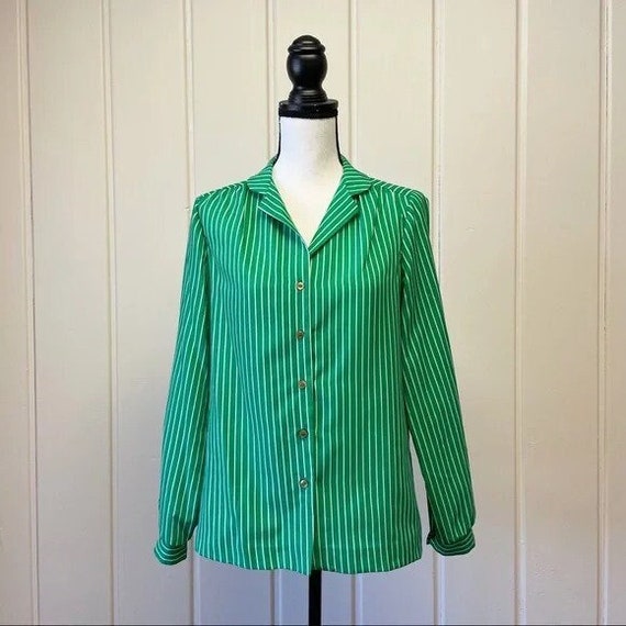 Vintage 1970s | Kelly Green Striped Button Down B… - image 1