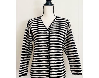 Vintage 1980s | Black and White Striped Cotton Knit Cardigan Sweater