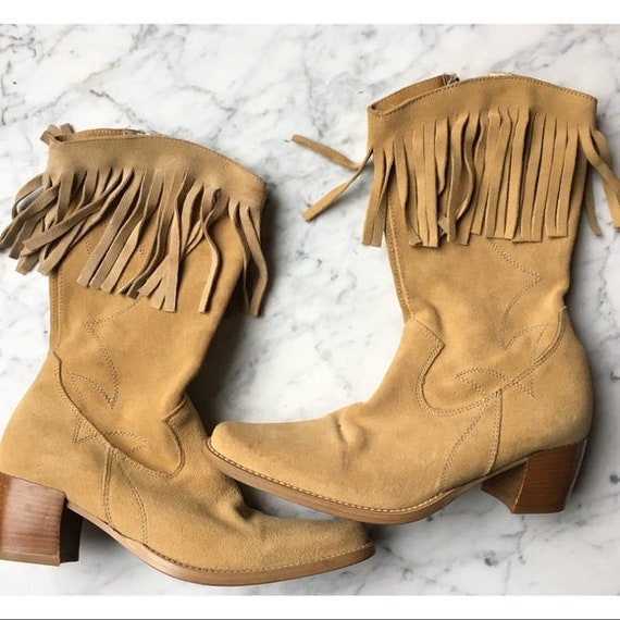 Vintage 1990s | Suede Western-Style Fringe Heeled… - image 1