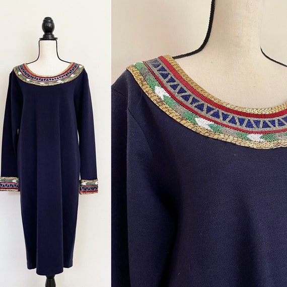 Vintage 1980s | Wool Beaded Midi Dress - image 1
