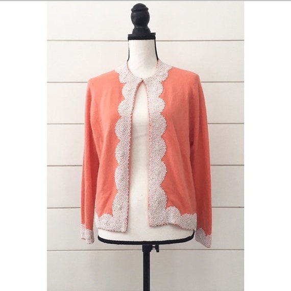 Vintage 1950s | Beaded Lambswool Salmon Cardigan