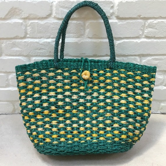 Vintage | Green & Yellow Woven Straw Tote Bag - image 1