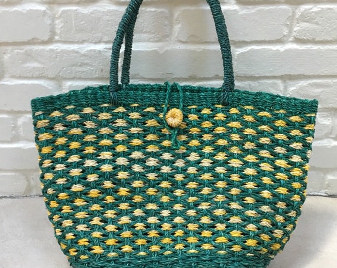 Vintage | Green & Yellow Woven Straw Tote Bag