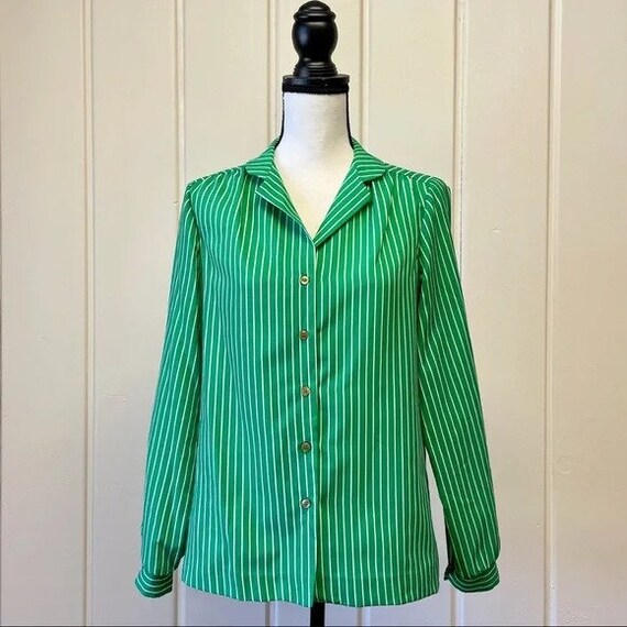 Vintage 1970s | Kelly Green Striped Button Down B… - image 2