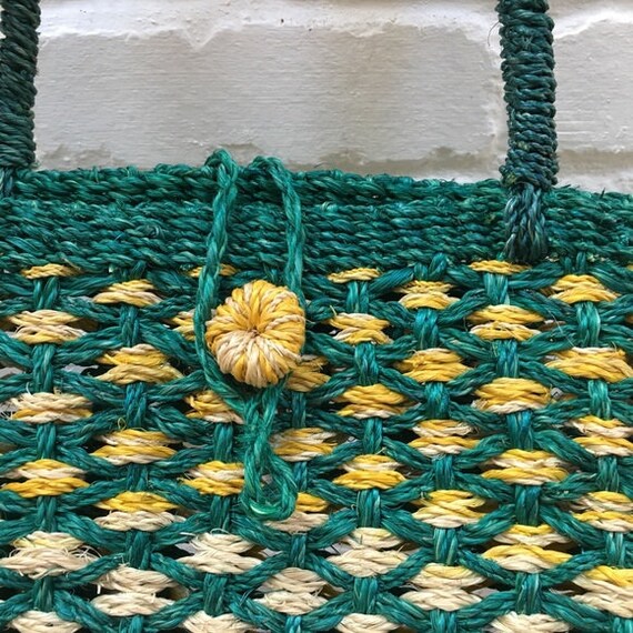 Vintage | Green & Yellow Woven Straw Tote Bag - image 4