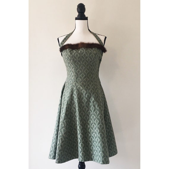 Vintage 1950s | Mink Lined Brocade Halter Dress