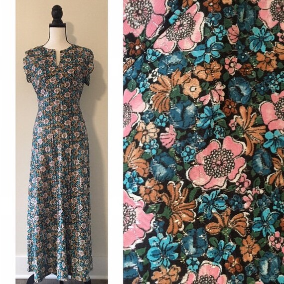 Vintage 1970s | Metallic Floral Maxi Dress