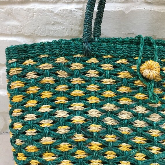 Vintage | Green & Yellow Woven Straw Tote Bag - image 2