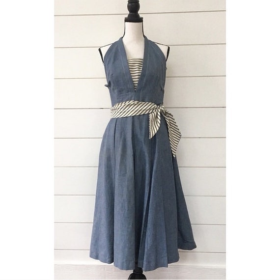 Vintage 1950s | Chambray Halter Midi Dress