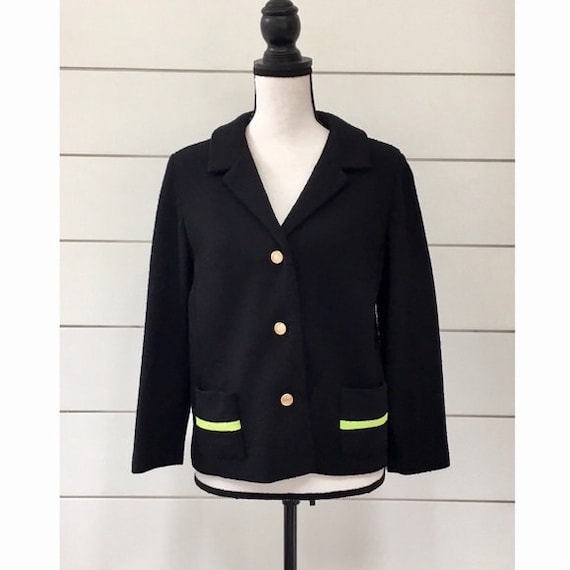 Vintage 1960s | Black & Neon Green Knit Blazer - image 1