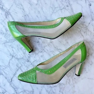 Vintage 1980s | Studded Leather and Mesh Lime Green Heels