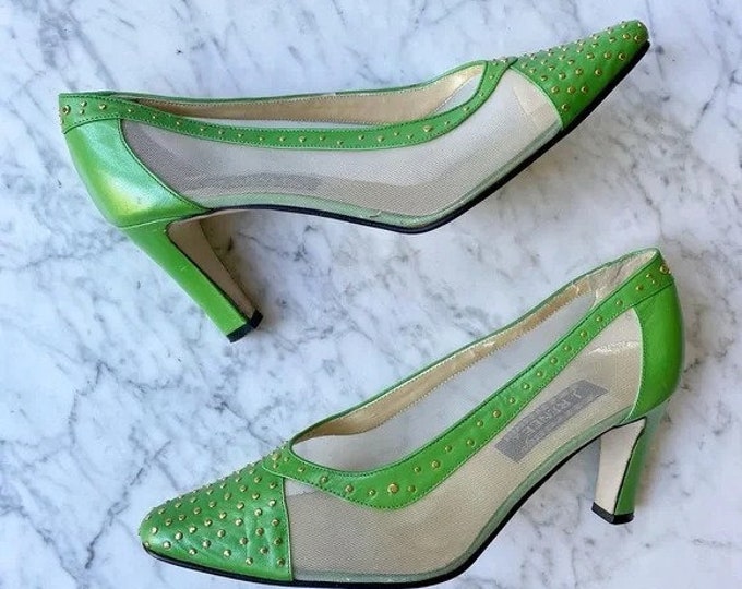 Vintage 1980s | Studded Leather and Mesh Lime Green Heels