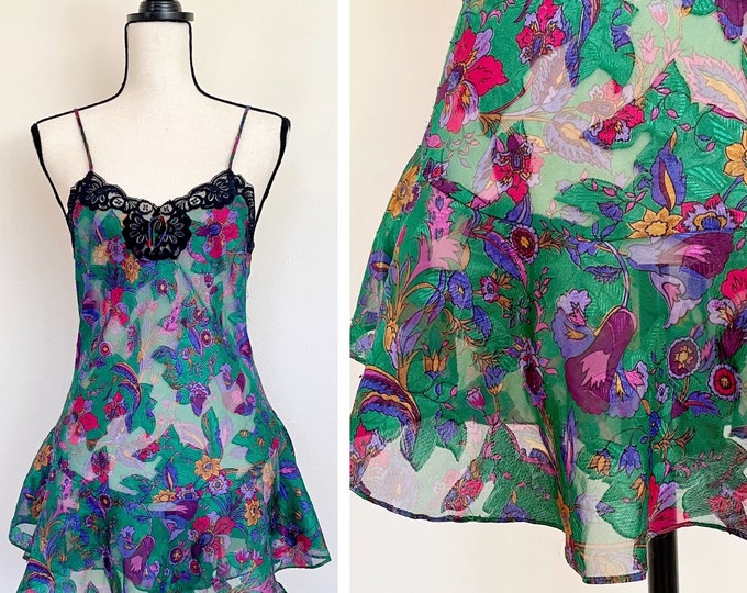 Vintage 1980s | Victoria’s Secret Gold Label Jewel Tone Floral Mini Slip Dress