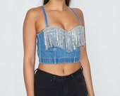 Embellished fringe crystal bralette bustier Push Up Denim Sparkly corset