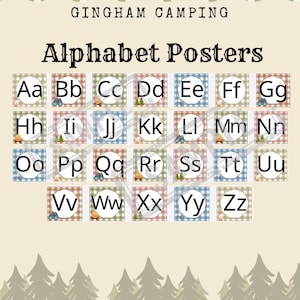 Puede incluir: Un conjunto de pósteres del alfabeto titulado GINGHAM CAMPING Alphabet Posters. El diseño presenta las letras de la A a la Z en fuente negra sobre círculos blancos, cada una sobre un cuadrado de patrón de cuadros vichy azul, verde o marrón.