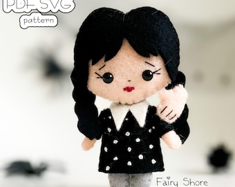 Wednesday Addams Felt Doll-naaipatroon: doe-het-zelf halloweendecor (pdf, SVG)