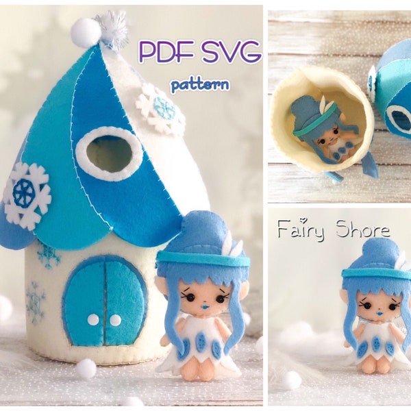 PDF SVG felt pattern Winter fairy house castle with elf, doll house, Easy DIY, doll pattern, sewing pattern for cricut, felt toy