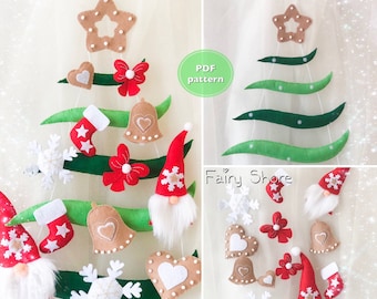 PDF SVG Christmas ornaments Felt pattern Christmas tree with gnomes and christmas ornaments to hang on the wall