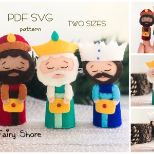 PDF and SVG felt sewing pattern to make 3” and 5” Three Wise Men finger puppets – DIY Christmas nativity set with Melchior, Balthasar, and Gaspar – beginner-friendly Cricut or manual cutting project.