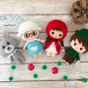 The Little Red Riding Hood characters PDF SVG felt doll pattern, Grandmother, Woodcutter, Big Bad Wolf, Easy sewing pattern for cricut, DIY