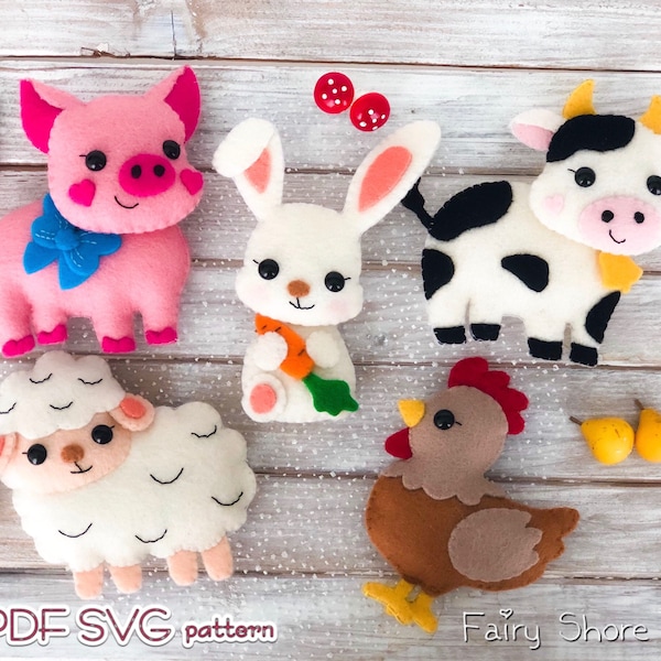 Felt farm animals PDF SVG pattern, Easy cow, sheep, pig, chicken and rabbit. DIY felt farm animals. Pattern for cricut