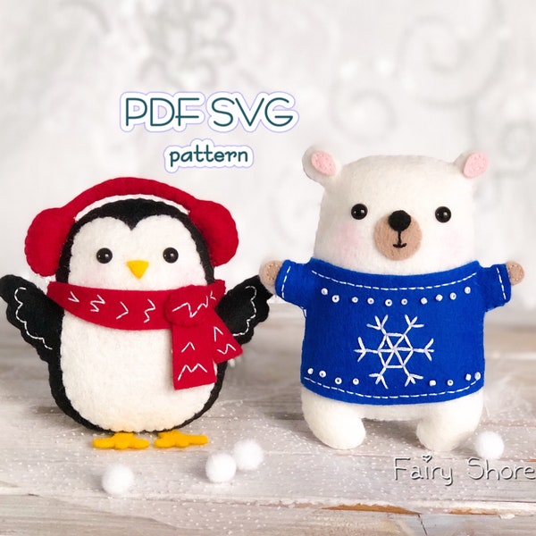 Christmas felt pattern Polar bear and Penguin, PDF SVG easy felt pattern, sewing pattern for cricut, DIY Christmas decoration