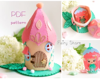 Diy PDF felt pattern Fairy house castle with elf, doll house, doll pattern, sewing pattern, felt toy
