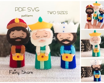 Felt three wise men set PDF SVG Christmas pattern, Three wise men, Three kings of Orient, Melchior, Balthasar and Gaspar finger puppets