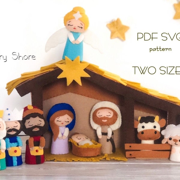 Felt Nativity PDF SVG Christmas pattern, Bethlehem portal, wise men, virgin Mary, baby Jesus, Joseph, Angel. Finger puppets. Easy felt