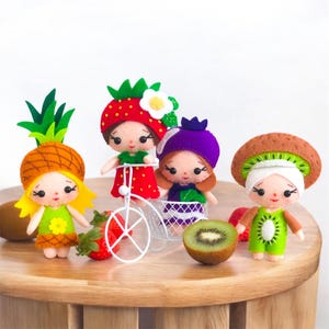 Felt Fruit Dolls PDF Sewing Pattern with SVG files, Strawberry, Pineapple, Kiwi, Blueberry, Food ornament, DIY easy Toy