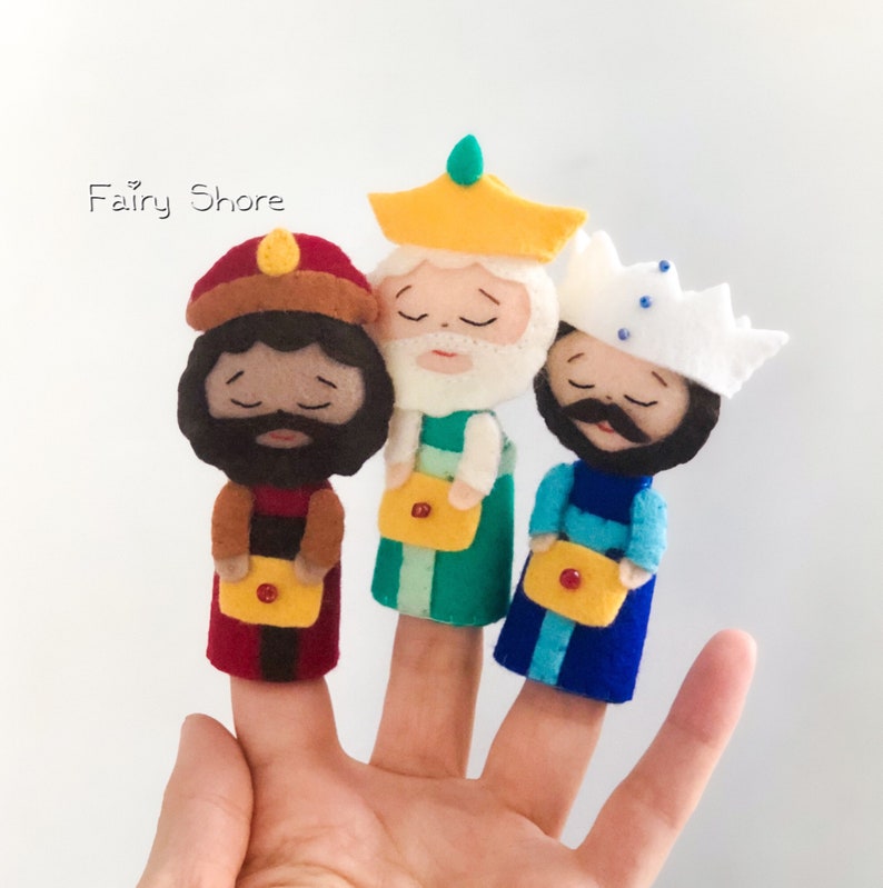 PDF and SVG felt sewing pattern to make 3” and 5” Three Wise Men finger puppets – DIY Christmas nativity set with Melchior, Balthasar, and Gaspar – beginner-friendly Cricut or manual cutting project.