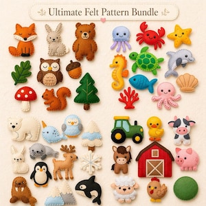 Può includere: Una collezione di modelli in feltro intitolata Ultimate Felt Pattern Bundle, che presenta vari animali, creature marine, articoli da fattoria ed elementi naturali come una volpe, un orso, un gufo, un trattore, un fienile e una pecora in feltro.