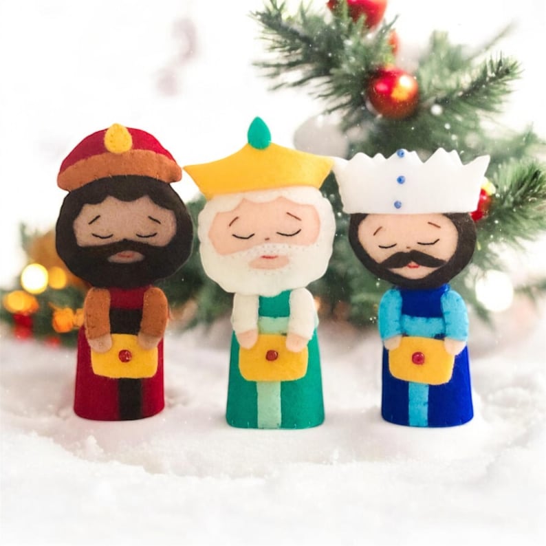 PDF and SVG felt sewing pattern to make 3” and 5” Three Wise Men finger puppets – DIY Christmas nativity set with Melchior, Balthasar, and Gaspar – beginner-friendly Cricut or manual cutting project.