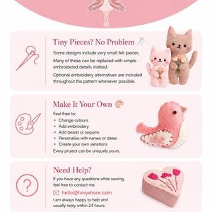 May include: An informational graphic titled Fairy Shore featuring a fairy icon, text about felt crafting, and images of two felt cats, a pink felt bird, and a heart-shaped felt box with embroidered flowers. The layout includes contact details.