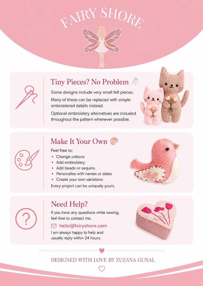 May include: An informational graphic titled Fairy Shore featuring a fairy icon, text about felt crafting, and images of two felt cats, a pink felt bird, and a heart-shaped felt box with embroidered flowers. The layout includes contact details.
