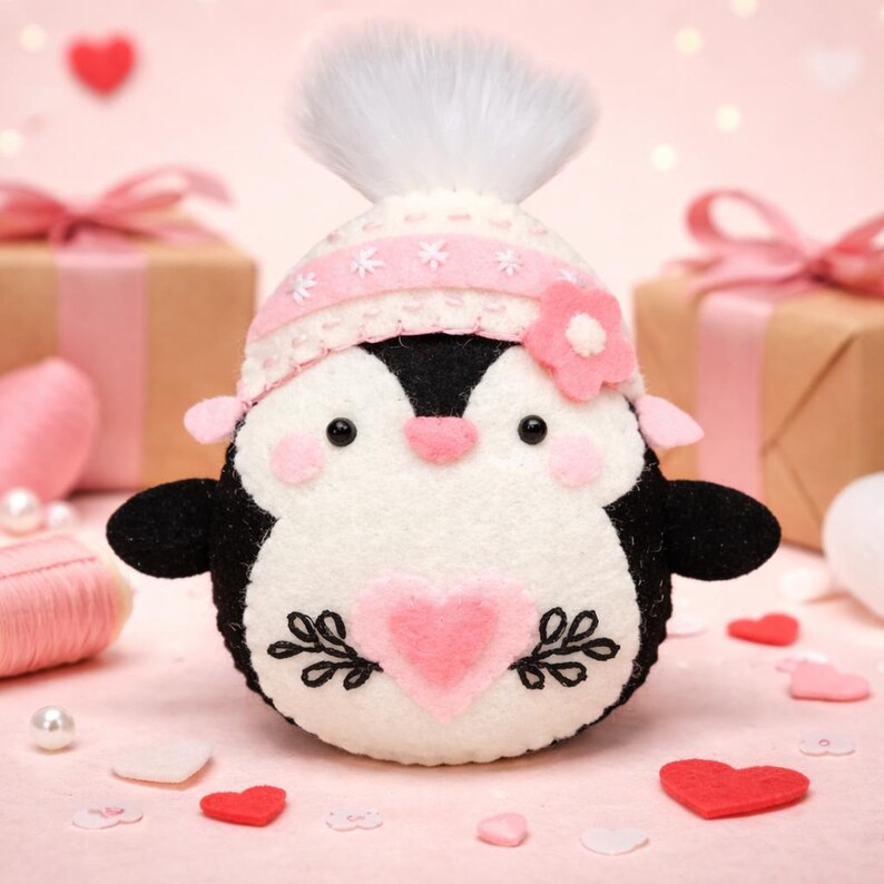 Valentine's Penguin felt ornament with pink hat, heart detail, and embroidery. DIY felt sewing pattern and SVG for Valentine's Day decor, love gifts, or easy craft projects. Perfect for beginners and experienced crafters to create a handmade decor