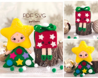 Felt pattern Christmas tree star doll and gift, PDF SVG sewing pattern, pattern for cricut, easy DIY, Christmas decoration