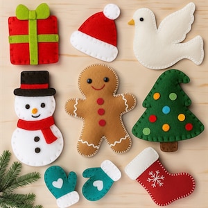 May include: A collection of felt Christmas ornaments including a red gift with a green bow, a red Santa hat, a white dove, a snowman with a black hat and red scarf, a gingerbread person, a green tree, two teal mittens, and a red stocking.