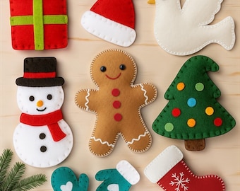 Puede incluir: Una colección de adornos navideños de fieltro que incluye un regalo rojo con lazo verde, un gorro de Papá Noel rojo, una paloma blanca, un muñeco de nieve con sombrero negro y bufanda roja, un hombre de jengibre, un árbol verde, dos manoplas verde azulado y un calcetín rojo.