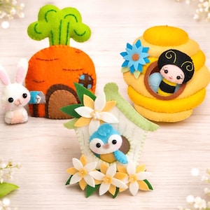 Paquete de patrones de costura para casas de animales de fieltro en formato PDF y SVG: casas para abejas, pájaros y conejos (hazlo tú mismo).