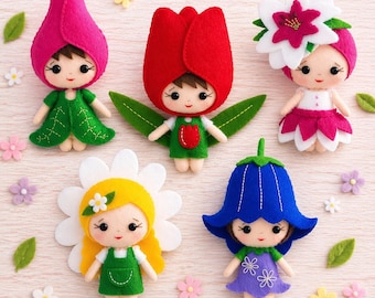 May include: Five handcrafted felt dolls shaped like flowers. The dolls feature various floral headpieces including a pink tulip, red tulip, white lily, yellow daisy, and blue bellflower. Each doll has a unique outfit and small embroidered details.