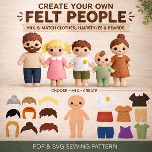 Patrón de costura personalizado para muñeca de fieltro, PDF y SVG, familia personalizada, ropa y cabello combinables.