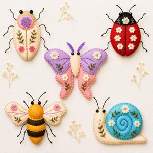 Può includere: Una collezione di ornamenti fatti a mano in feltro a forma di insetti e lumaca. Gli ornamenti includono una coccinella, una farfalla, un'ape, uno scarabeo e una lumaca, tutti decorati con dettagli floreali e antenne di filo metallico. Colori: rosso, giallo, viola, rosa e blu.