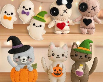 May include: A collection of felt Halloween ornaments including three white ghosts, two voodoo-style dolls with button eyes, and three cats. The cats are depicted with a witch hat in a pumpkin, holding a jack-o'-lantern, and wearing a green witch hat.