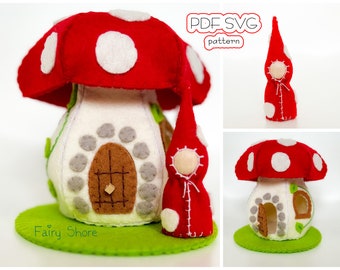 Felt red toadstool Mushroom Fairy House with Peg Doll Pattern: PDF SVG Guide for Making a Cute Peg Doll Home. Waldorf toy