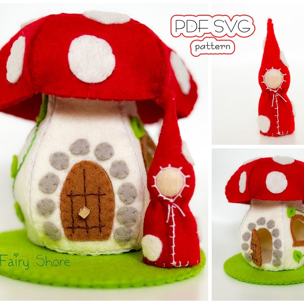 Felt red toadstool Mushroom Fairy House with Peg Doll Pattern: PDF SVG Guide for Making a Cute Peg Doll Home. Waldorf toy