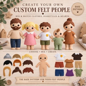 Patrón de costura personalizado para muñeca de fieltro, PDF y SVG, familia personalizada, ropa y cabello combinables.