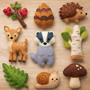 May include: A collection of handmade felt forest-themed ornaments. Includes a deer, hedgehog, badger, snail, mushroom, leaf, berry branch, pinecone, and a tree. Each ornament is crafted with detailed stitching and vibrant colors, perfect for woodland decor.