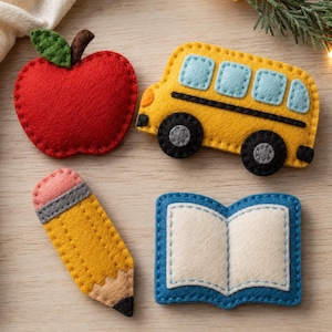 Felt Back to School Ornaments Sewing Pattern: Apple, Book, Bus, Pencil (PDF and SVG)