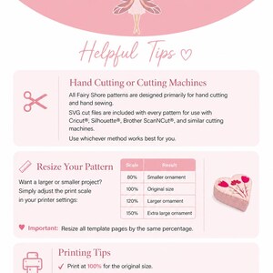 May include: An informational graphic titled Fairy Shore Helpful Tips with a pink background. It provides instructions for hand cutting or cutting machines, resizing patterns using a scale table, and printing tips, featuring a small heart ornament.